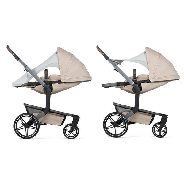   2 lägen: över sittplatsens fotstöd, fäst på styrets svampar och i ligg/sittdelen.