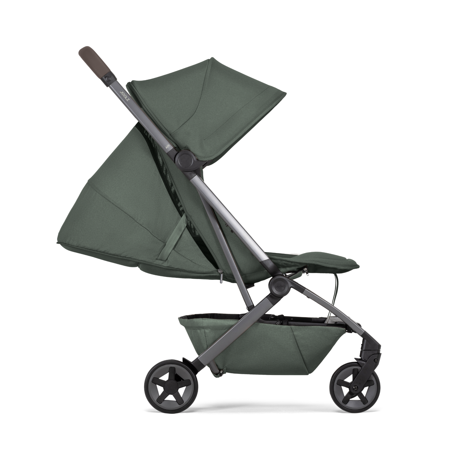 A travel stroller mid-fold